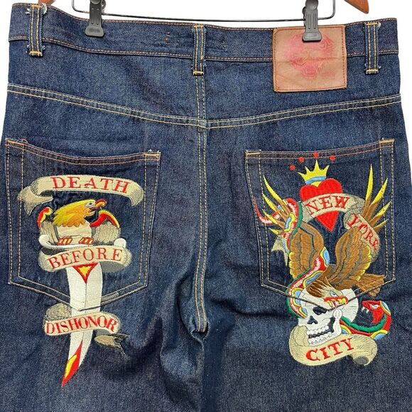 Ed Hardy Y2K Mens 38 Button Fly Wide Leg Jean 16" Shorts Embroidered Eagle Skull - Picture 1 of 12